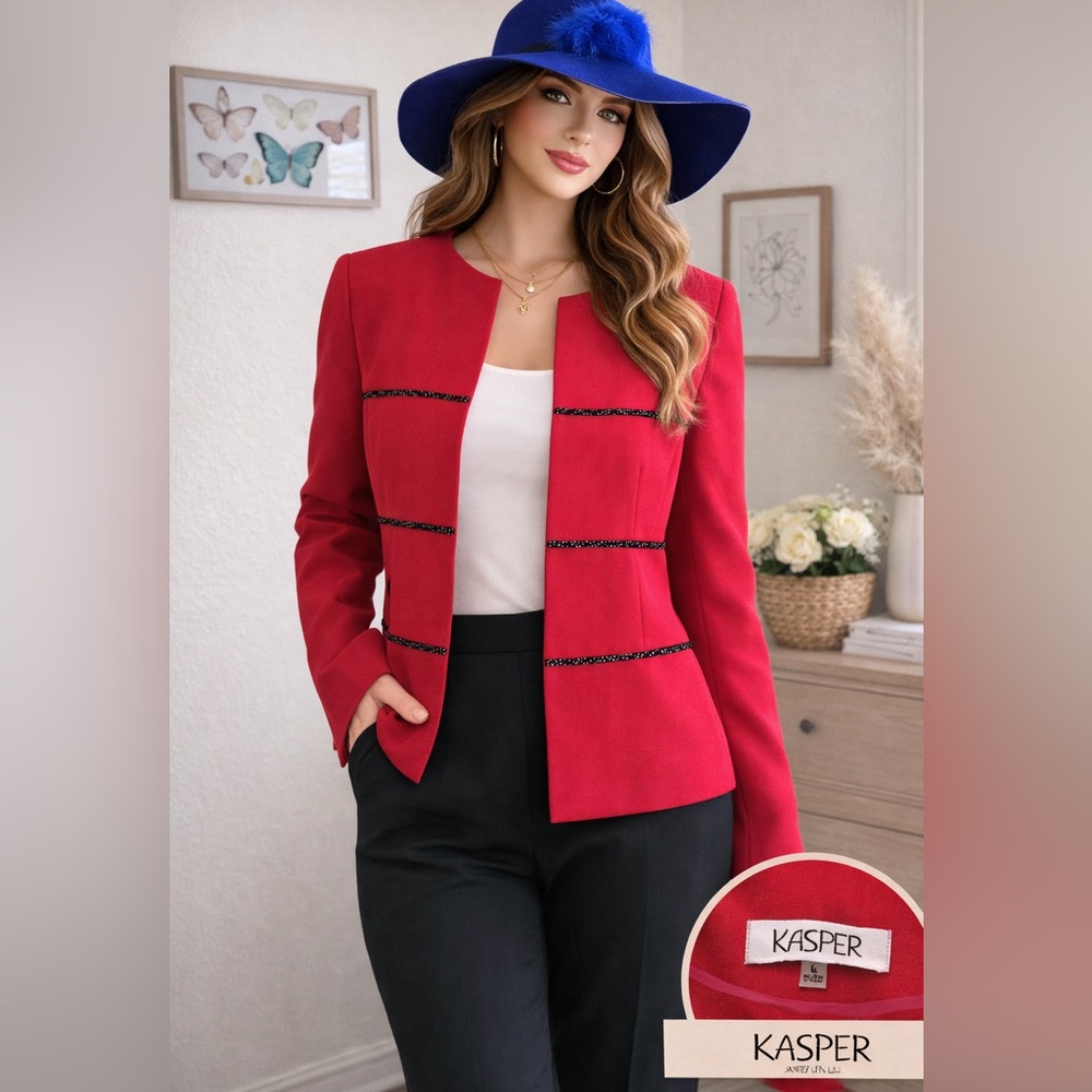 Kasper Red Blazer Jacket Black Trim Size 4 Elegant